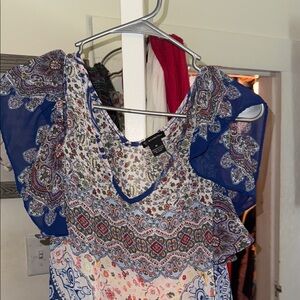 New Directions Blue and Red Ruffled Asymmetrical Blouse